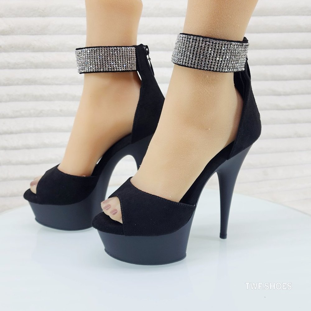 625 Black Fuax Suede Platform Heels With Closed Back & Rhinestone Ankle Cuff